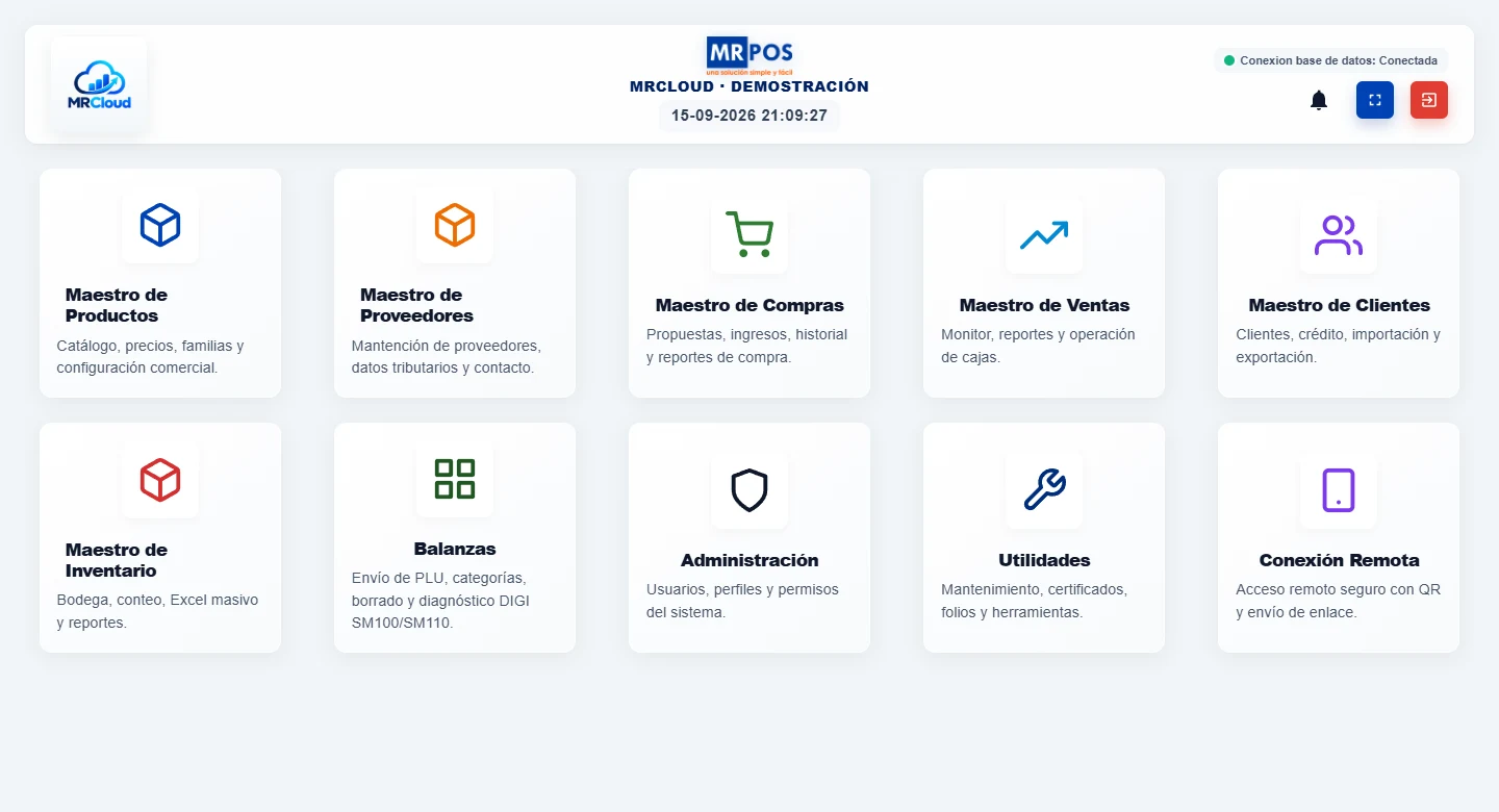 Menú principal de MrCloud en computador: Productos, Proveedores, Compras, Ventas, Clientes, Inventario, Balanzas, Administración, Utilidades y Conexión Remota.